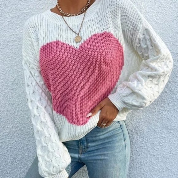 . Sweaters - pink Heart Print Knit Sweater Top